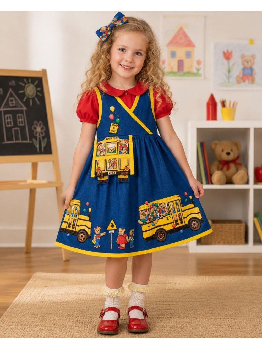 New Vintage 90s Daisy Kingdom Teddy Bears School Bus Jumper Dress 6X 7 8